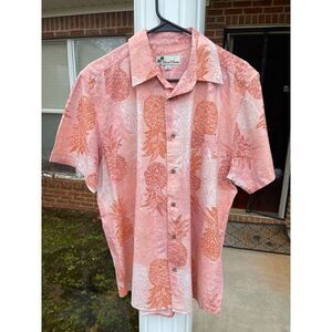Oliver & Burke Button-Up Shirt Men's L Pink Cotton Pineapple Print Short Sleeves